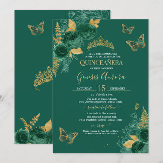 Emerald Green & Gold Floral Butterfly Quinceñera Einladung