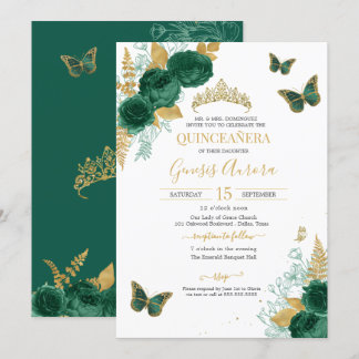 Emerald Green & Gold Floral Butterfly Quinceñera Einladung