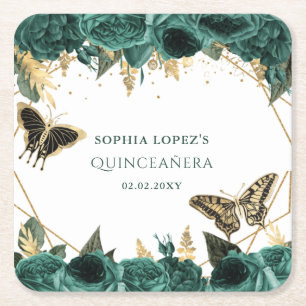 Emerald Green Gold Floral Elegante Quinceanera Rechteckiger Pappuntersetzer