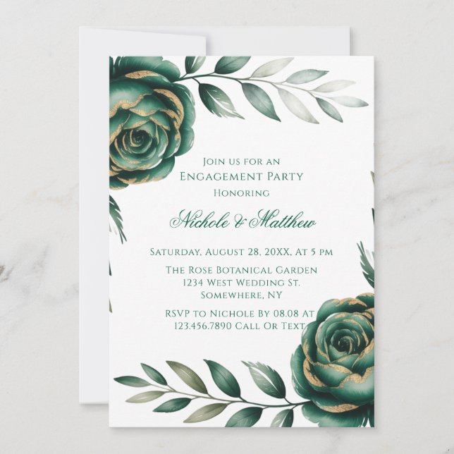 Emerald Green & Gold Floral Engagement Party Einladung (Vorderseite)