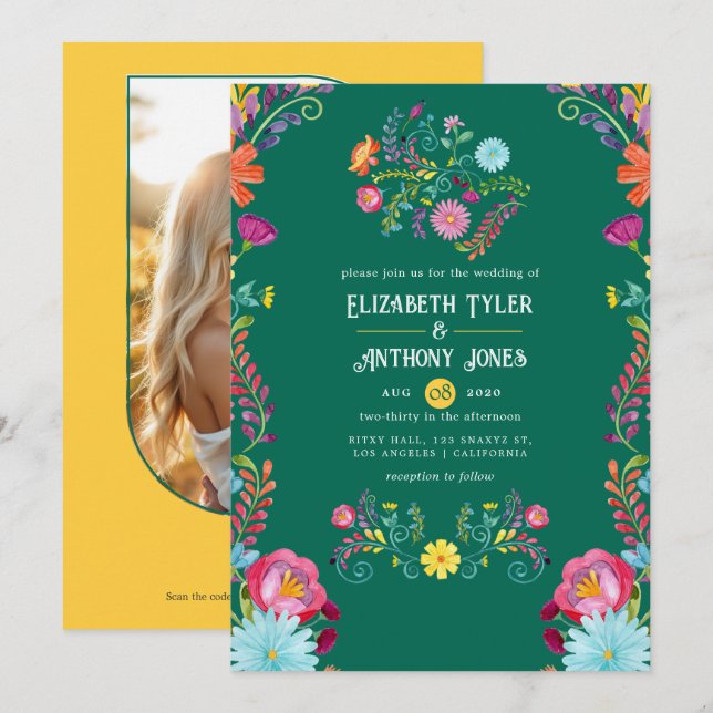 Emerald Green & Gold Floral Mexican Fiesta Wedding Einladung (Vorne/Hinten)