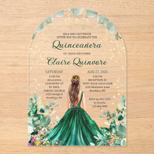 Emerald Green Gold Floral Princess Quinceanera Acryleinladungen (Vorderseite)
