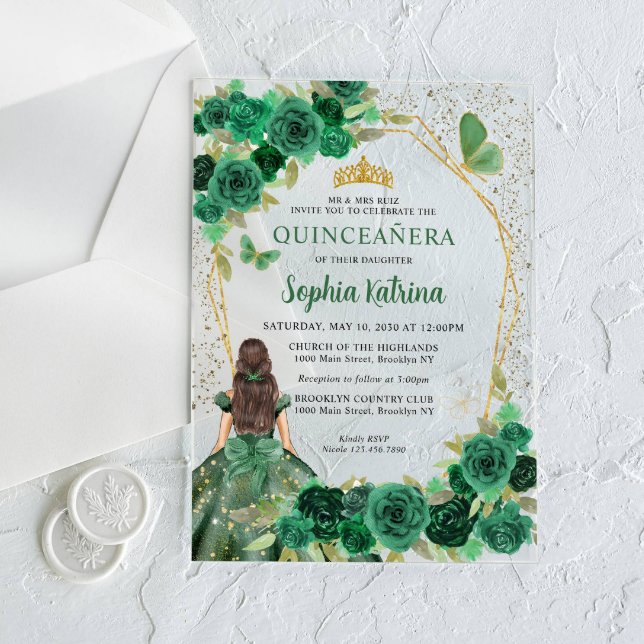 Emerald Green Gold Floral Princess Quinceañera Acryleinladungen (Von Creator hochgeladen)