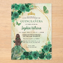 Emerald Green Gold Floral Princess Quinceañera Acryleinladungen