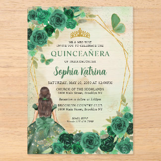 Emerald Green Gold Floral Princess Quinceañera Acryleinladungen