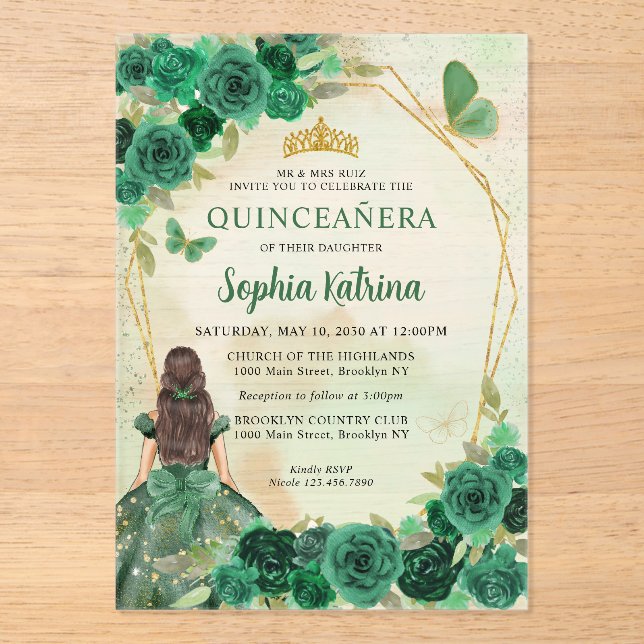 Emerald Green Gold Floral Princess Quinceañera Acryleinladungen (Vorderseite)