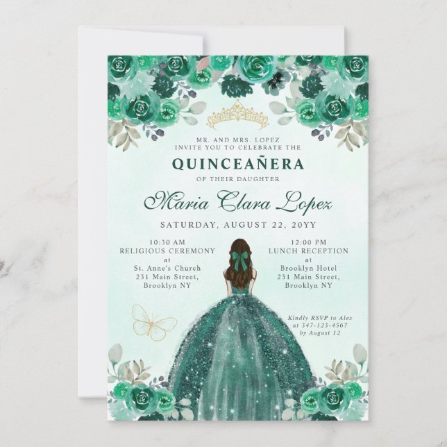 Emerald Green Gold Floral Princess Quinceañera Einladung (Vorderseite)
