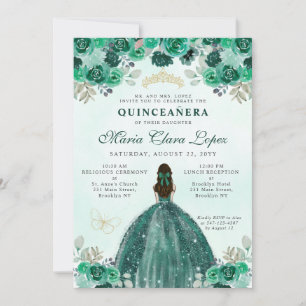 Emerald Green Gold Floral Princess Quinceañera Einladung