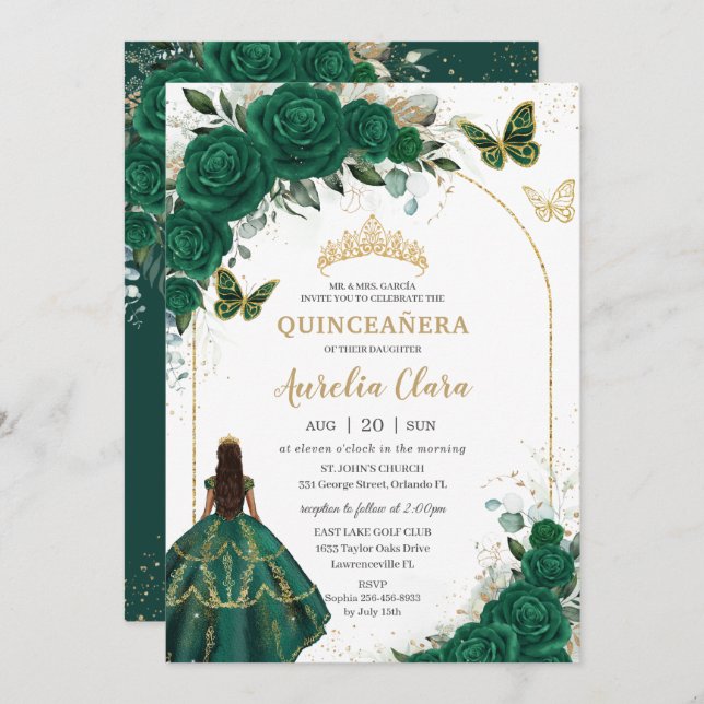 Emerald Green Gold Floral Princess Quinceañera Einladung (Vorne/Hinten)