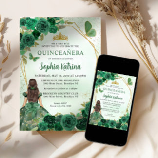 Emerald Green Gold Floral Princess Quinceañera Einladung