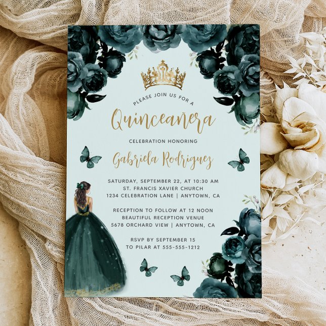 Emerald Green Gold Floral Princess Quinceañera Einladung (Von Creator hochgeladen)