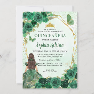 Emerald Green Gold Floral Princess Quinceañera Einladung