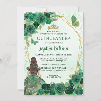 Emerald Green Gold Floral Princess Quinceañera Einladung