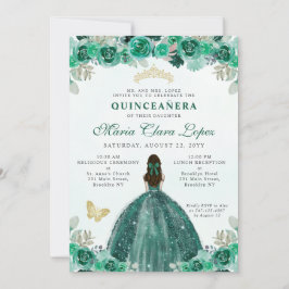 Emerald Green Gold Floral Princess Quinceañera Einladung