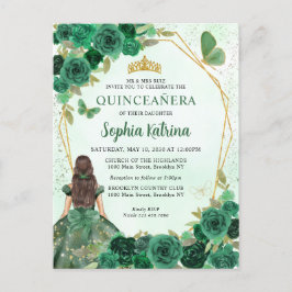 Emerald Green Gold Floral Princess Quinceañera Einladungspostkarte