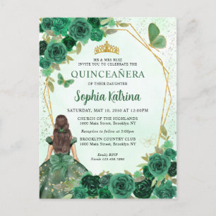 Emerald Green Gold Floral Princess Quinceañera Einladungspostkarte