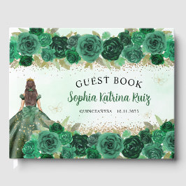 Emerald Green Gold Floral Princess Quinceañera Gästebuch