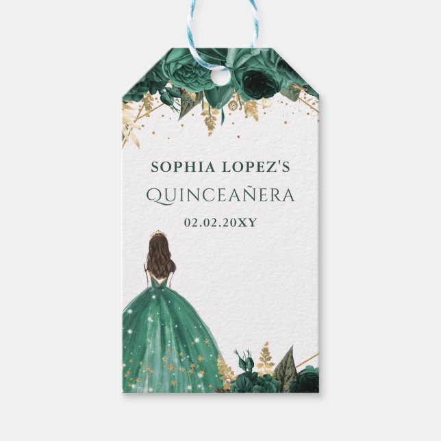 Emerald Green Gold Floral Princess Quinceanera Geschenkanhänger (Vorderseite)