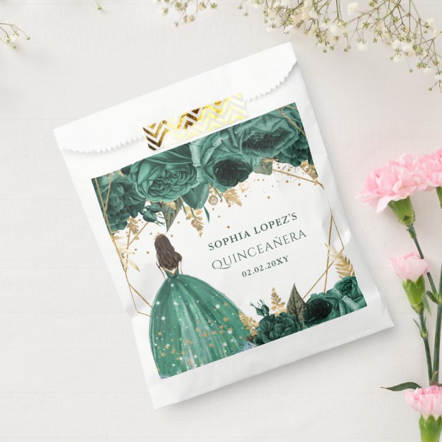 Emerald Green Gold Floral Princess Quinceanera Geschenktütchen (Versiegelt)