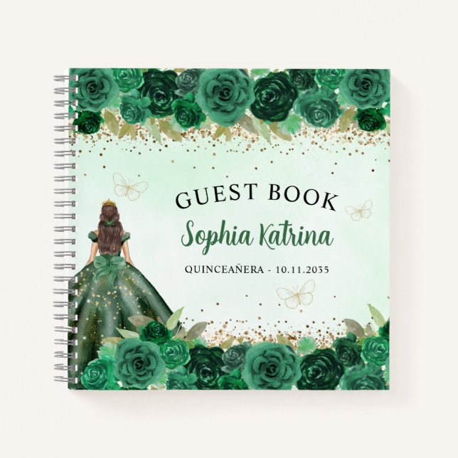 Emerald Green Gold Floral Princess Quinceañera Notizbuch (Vorderseite)