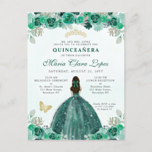 Emerald Green Gold Floral Princess Quinceañera Postkarte