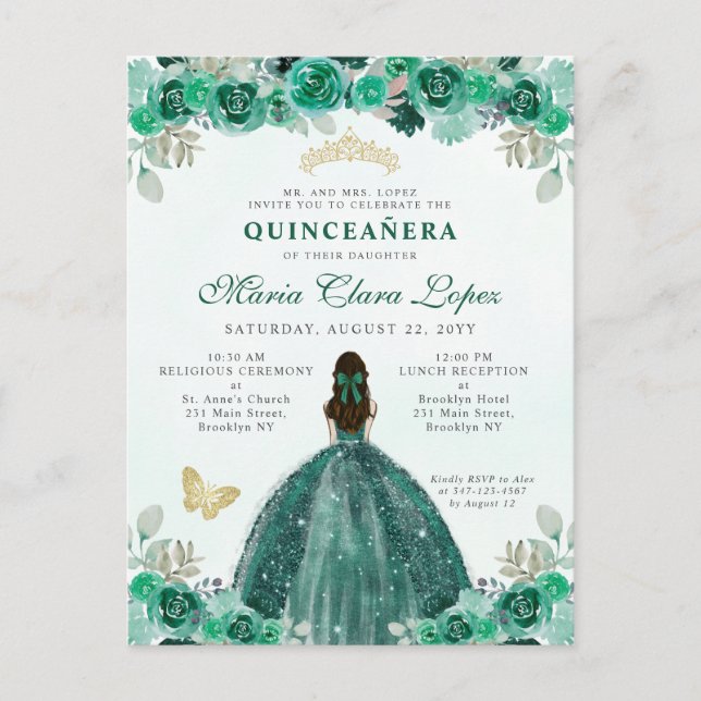 Emerald Green Gold Floral Princess Quinceañera Postkarte (Vorderseite)