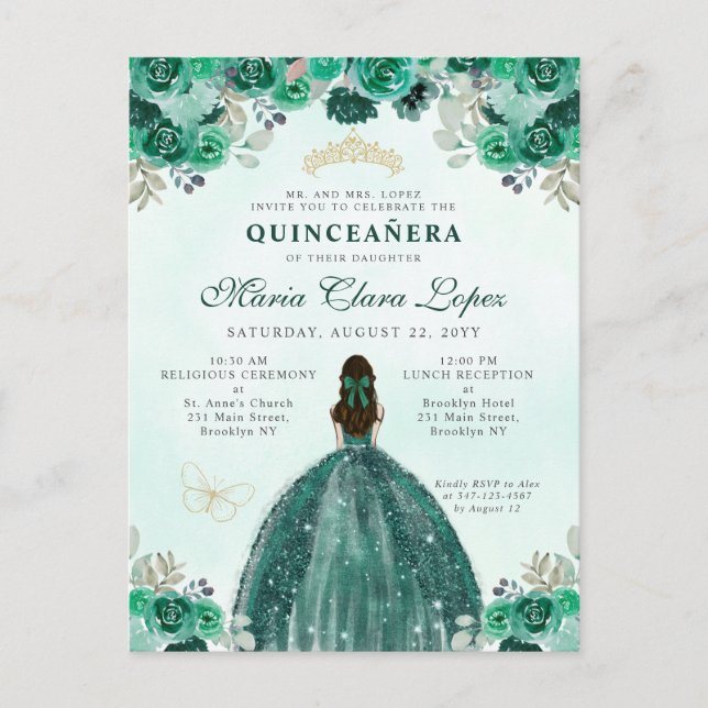Emerald Green Gold Floral Princess Quinceañera Postkarte (Vorderseite)