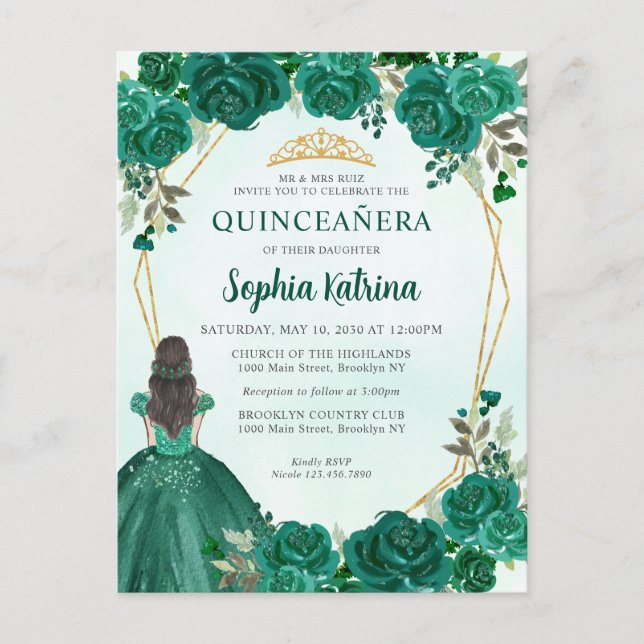 Emerald Green Gold Floral Princess Quinceañera Postkarte (Vorderseite)