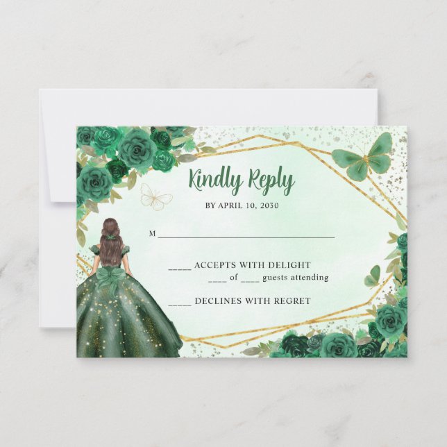 Emerald Green Gold Floral Princess Quinceañera RSVP Karte