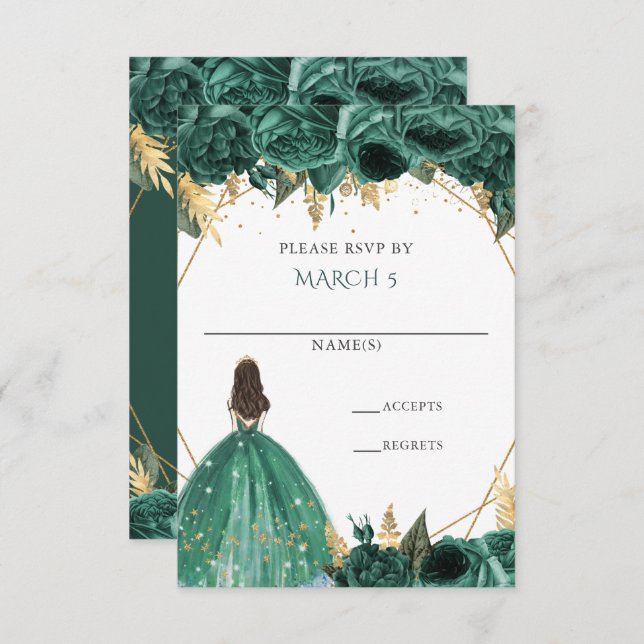 Emerald Green Gold Floral Princess Quinceanera RSVP Karte (Vorne/Hinten)