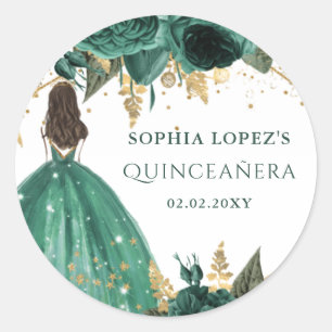 Emerald Green Gold Floral Princess Quinceanera Runder Aufkleber