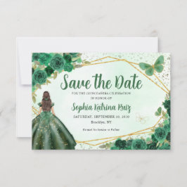 Emerald Green Gold Floral Princess Quinceañera Save The Date