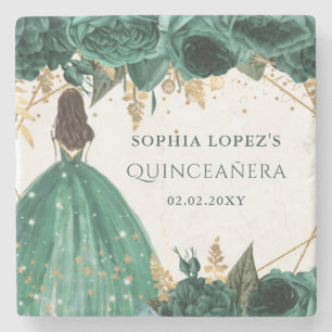 Emerald Green Gold Floral Princess Quinceanera Steinuntersetzer