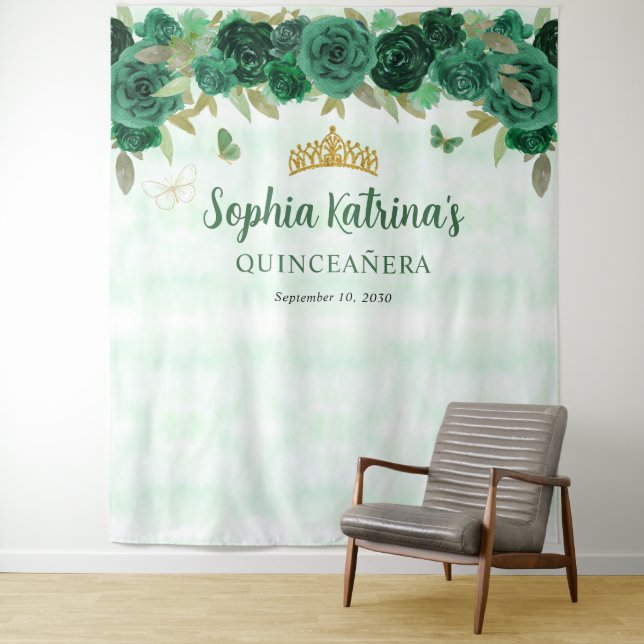 Emerald Green Gold Floral Princess Quinceañera Wandteppich (Beispiel)