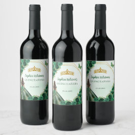 Emerald Green Gold Floral Princess Quinceañera Weinetikett