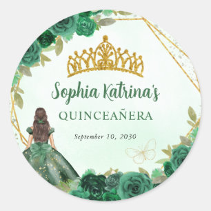Emerald Green Gold Floral Princess Tiara Favor Runder Aufkleber