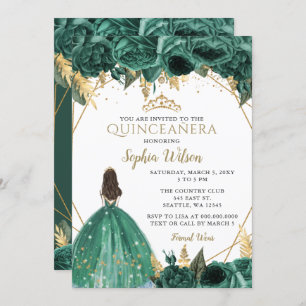 Emerald Green Gold Floral Prinzessin Quinceañera Einladung