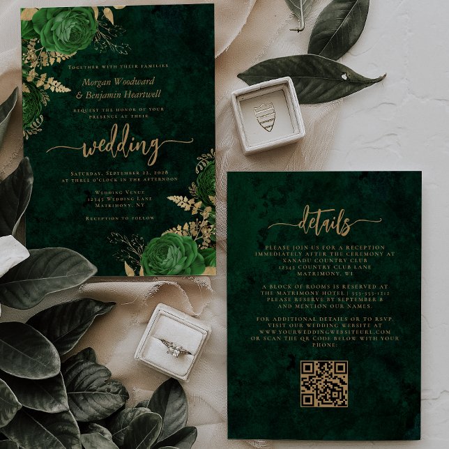 Emerald Green Gold Floral QR Code Hochzeit Einladung (Von Creator hochgeladen)
