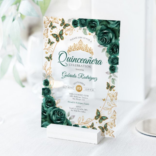 Emerald Green Gold Floral Quinceanera Acryleinladungen (Von Creator hochgeladen)