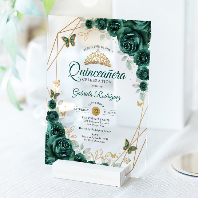 Emerald Green Gold Floral Quinceanera Acryleinladungen (Von Creator hochgeladen)