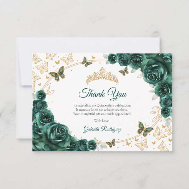 Emerald Green Gold Floral Quinceanera Dankeskarte (Vorderseite)