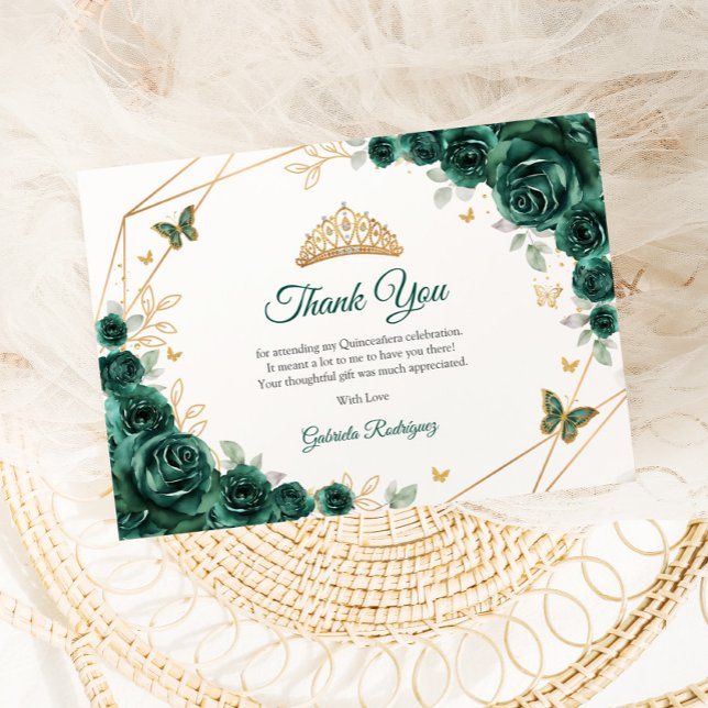 Emerald Green Gold Floral Quinceanera Dankeskarte (Von Creator hochgeladen)