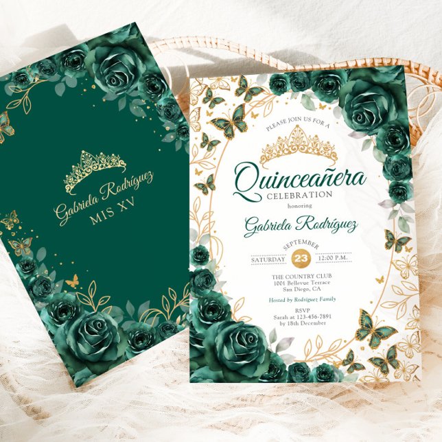 Emerald Green Gold Floral Quinceanera Einladung (Von Creator hochgeladen)