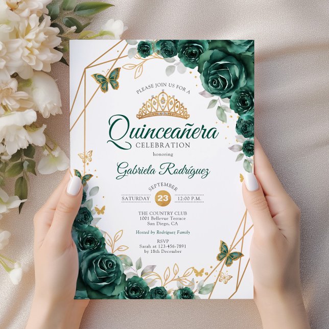 Emerald Green Gold Floral Quinceanera Einladung (Von Creator hochgeladen)
