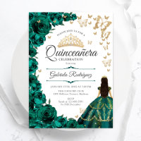 Emerald Green Gold Floral Quinceanera
