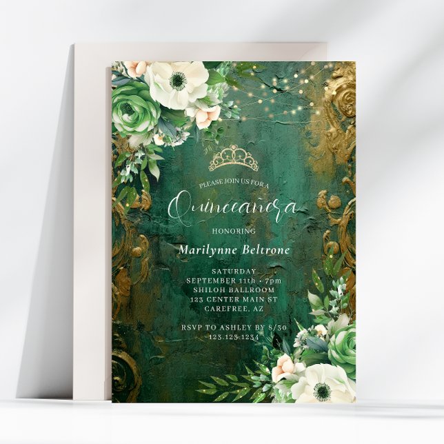 Emerald Green Gold Floral Quinceañera Einladung (Von Creator hochgeladen)