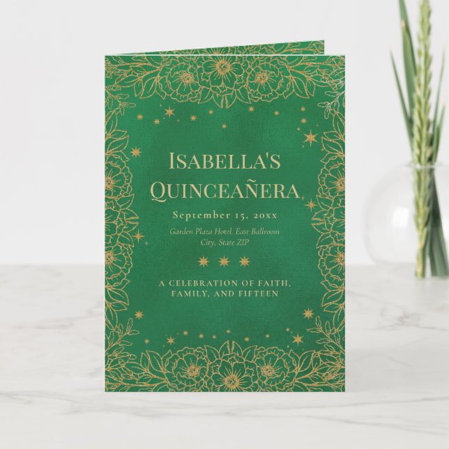 Emerald Green Gold Floral Quinceañera Programm (Vorderseite)