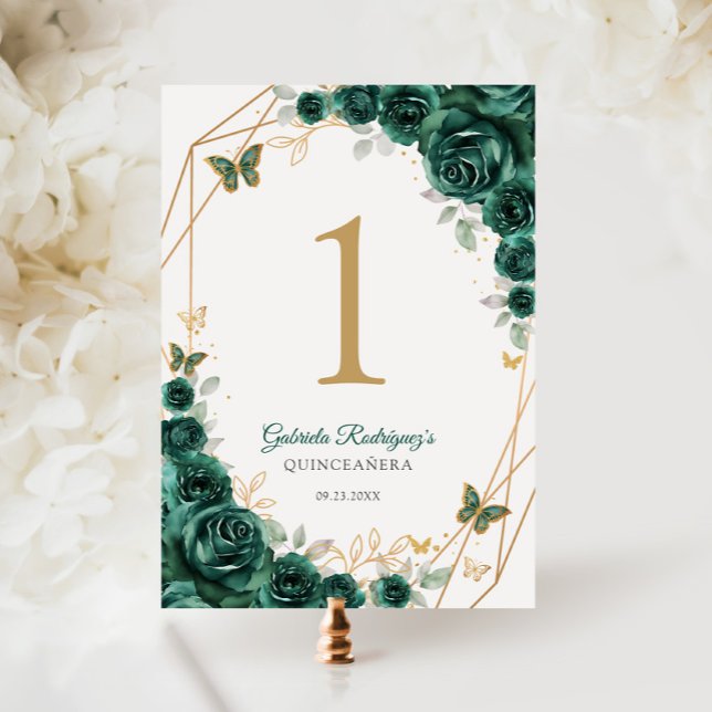 Emerald Green Gold Floral Quinceanera Tischnummer (Von Creator hochgeladen)