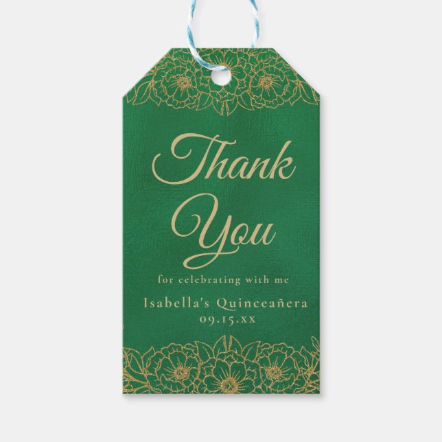 Emerald Green Gold Floral Quinceñera Vielen Dank Geschenkanhänger (Vorderseite)