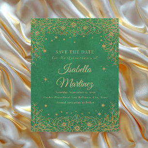 Emerald Green Gold Floral Stars Quinceañera Save The Date